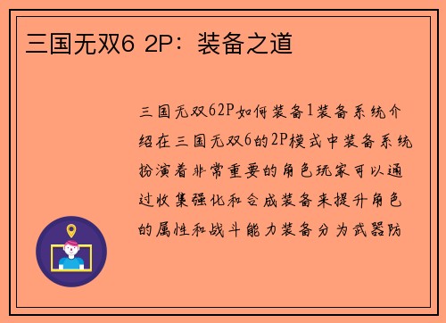 三国无双6 2P：装备之道